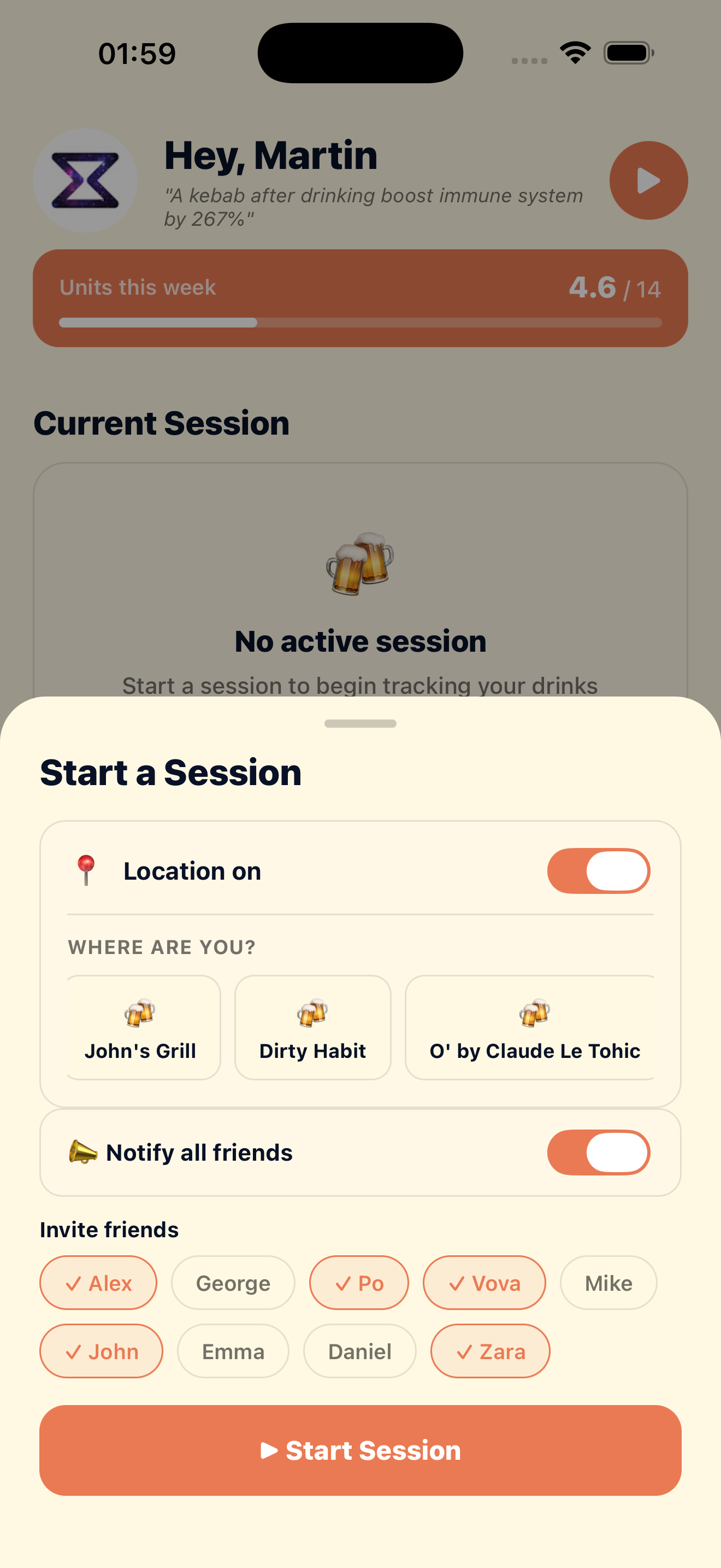 Start a group session, pick a bar and invite friends